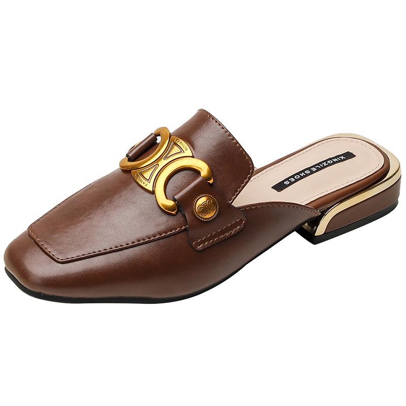 

Кожаные туфли Мюли женские новые крутые шлепанцы без каблука ленивые туфли низкий каблук толстый каблук летняя обувь сумка голова полушлепанцы 35 коричневый