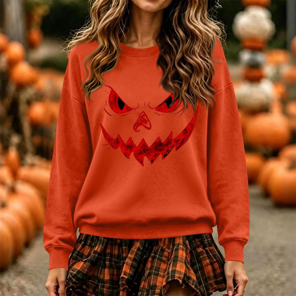 Women's Fashion Casual Long Sleeve Halloween Print Neck Pullover Sweatshirt