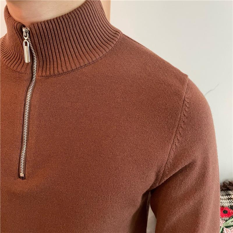 Men Half Zipper Long Sleeve Solid Color Business Fitted Knit Sweater Bottoming Shirt