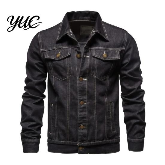 Solid Color Trucker Jacket Men Denim Jacket, Turndown Collar Button-Down Coat, Multi Pocket Retro Motorcycle Style Apparel Casual for Hip Hop