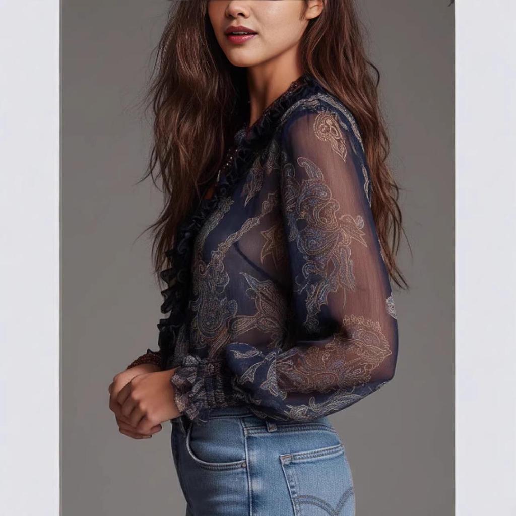 Romantic Boho Deep V-neck Paisley Ruffled Chiffon Shirt