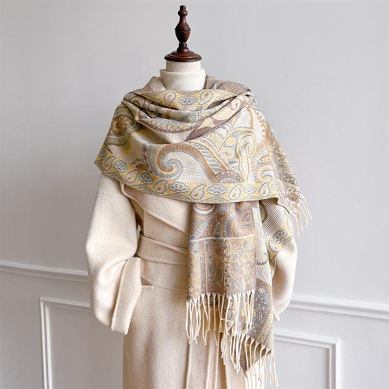 Autumn Beige Winter Scarf for Women Jacquard Pashmina Blanket Warm Thick Shawls and Wraps Cashmere Stoles for Lady Bufanda