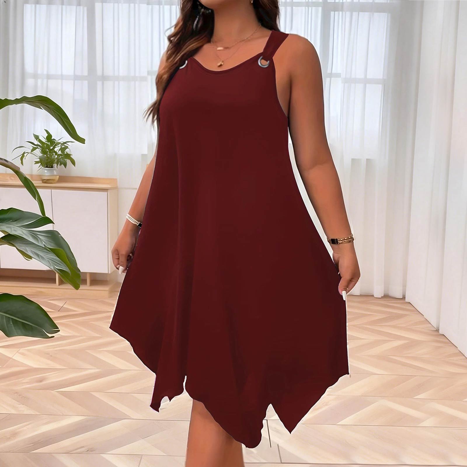 

Women s Plus Size Casual Loose Fit Round Neck A Line Strapless Sleeveless Dress XXXXL винний