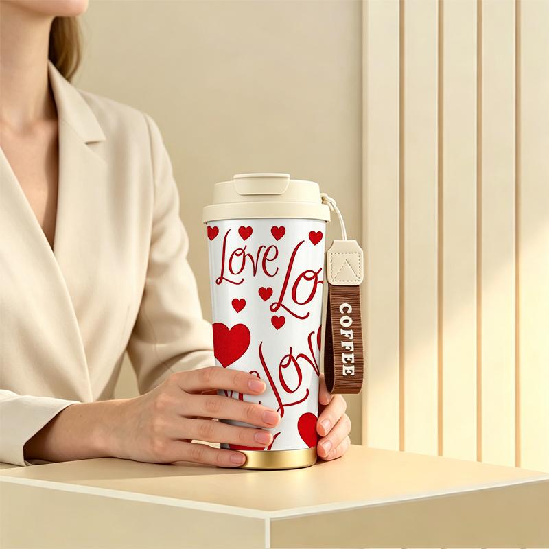 532ml Coffee Mug Full Print Love Heart Motif Strap Coffee Cup Unisex Commuter Coffee Mug Portable Travel Coffee Mug 304Steel Hot Cold Cup 532ml Coffee Mug