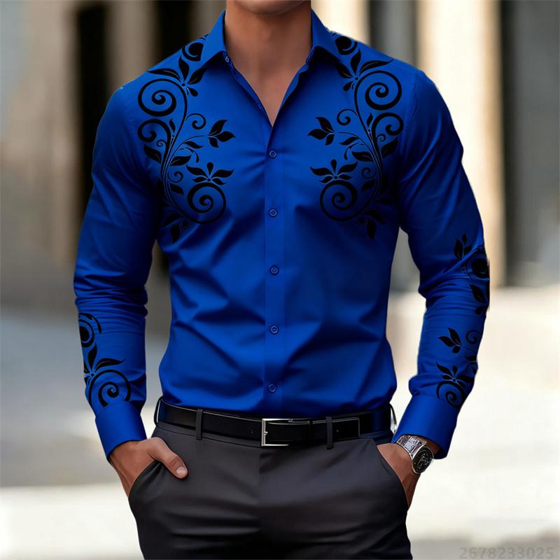 Men's Retro Art Pattern Long Sleeve Shirt Fashion Slim Lapel Personalized Print Shirt Multiple Colors Optional Men's Tops