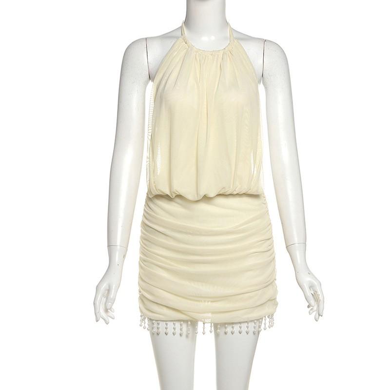 Sexy Womens Halter Sleeveless Bodycon Mini Dress With Tassel Beads 2025