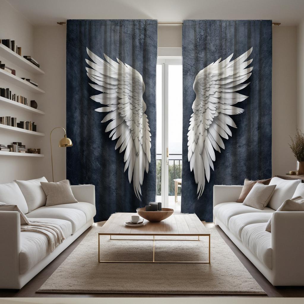 2pcs Set Glam Style Semi-Sheer Curtains   White Angel Wings Print on Deep Blue Textured Background   Polyester    Machine Washa