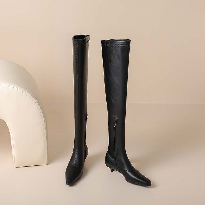 Krazing Pot Cow Skin Autumn Winter Shoes Low Heels Elastic Boots Big Size 46 Women Keep Warm Over-the-knee Boots
