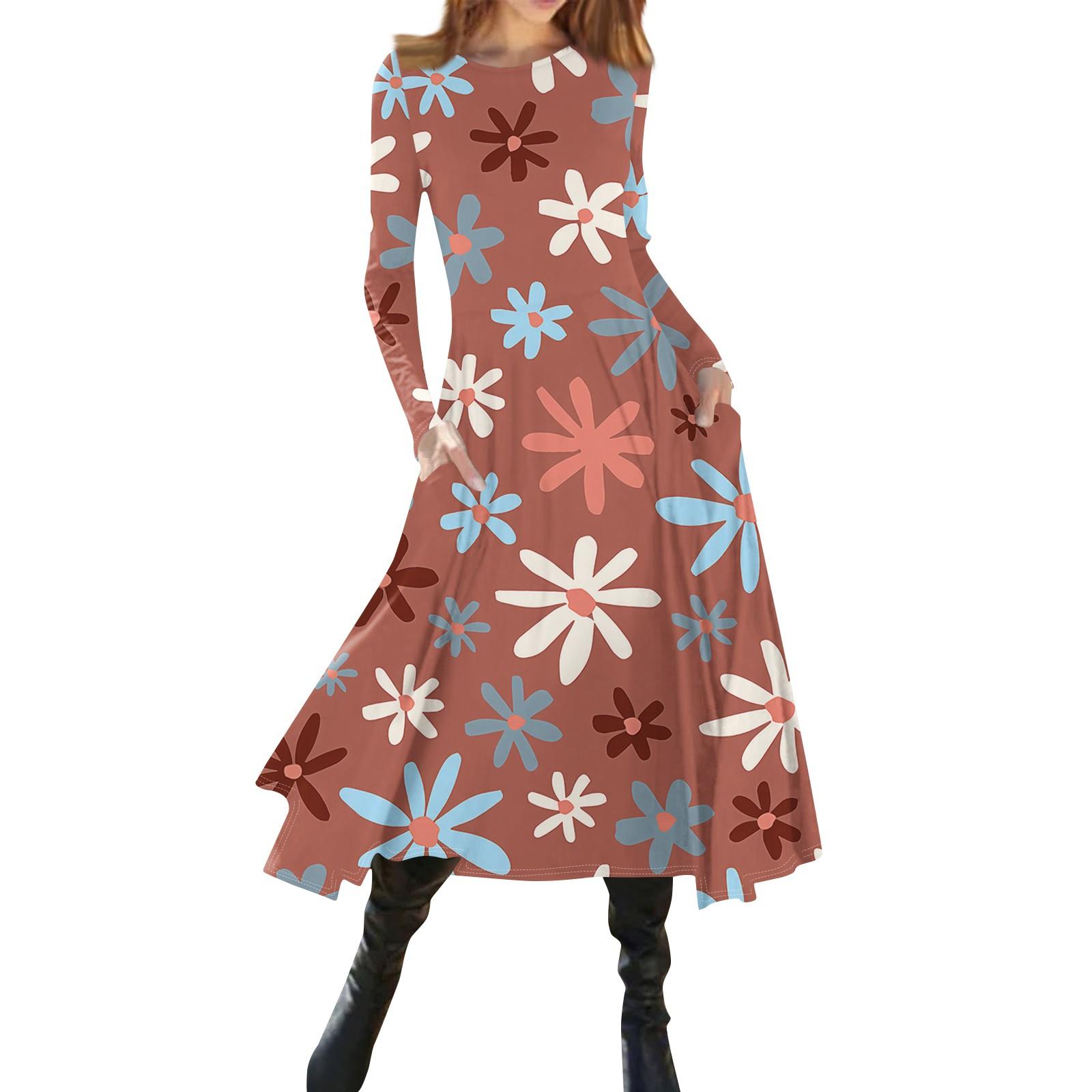 

Women s Fashion Floral Print Round Neck Long Sleeve Slim Fit Midi Dress XL шафрановий