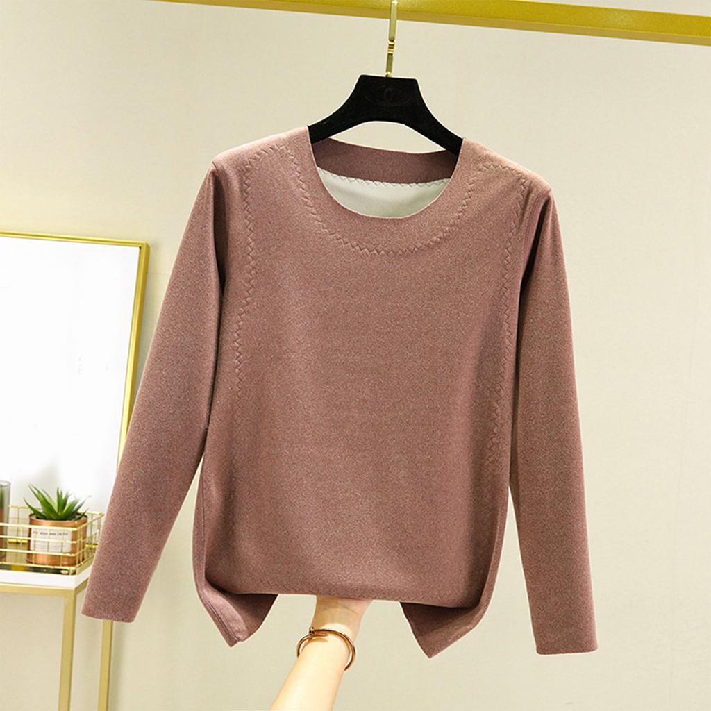 Ladies' Loose Comfortable Casual Fashionable And Warm Underwear With Seamless Round Neck And Thick Velvet Top