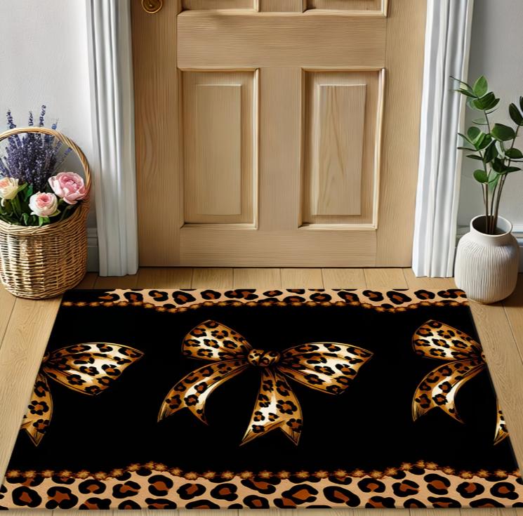 Flannel Leopard Print Bow-Shaped Mat, Non-Slip Carpet, Machine Washable and Colorfast Suitable for Living Room, Bedroom, Kitchen