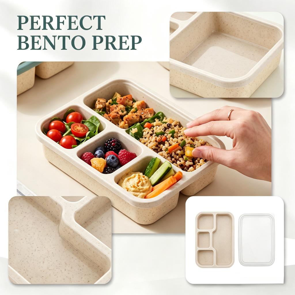 Κουτί Bento με 4 Θήκες, 1 Συσκευασία Κουτί Μεσημεριανού από Άχυρο με Καπάκι, Φορητό Δοχείο Φαγητού για Προετοιμασία Γευμάτων, Ταξίδι, Σχολείο, Εργασία