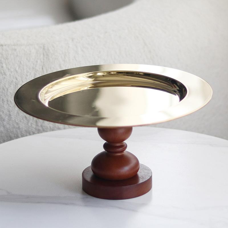 Vintage Metal Solid Wood Base Fruit Bowl Round Gold Storage Tray High Dried Fruit Dessert Plate Home Countertop Decorative Plate