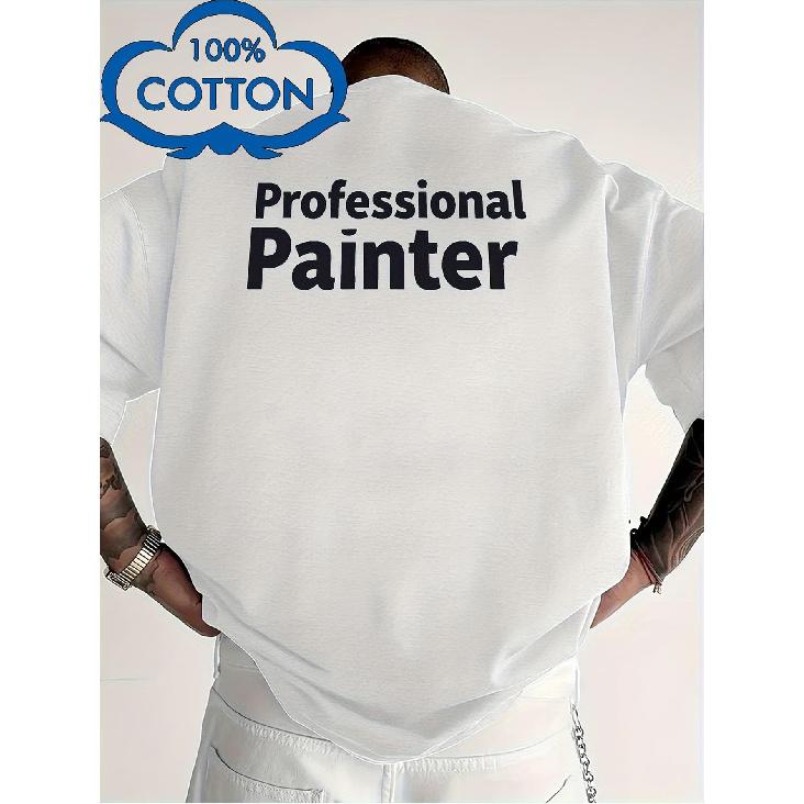 Men Heavy-Duty Cotton Painter T-Shirt - Moisture-Wicking Breathable Workwear with Back Logo Print, High-Stretch Short Sleeve Round Neck Tee Suitable S