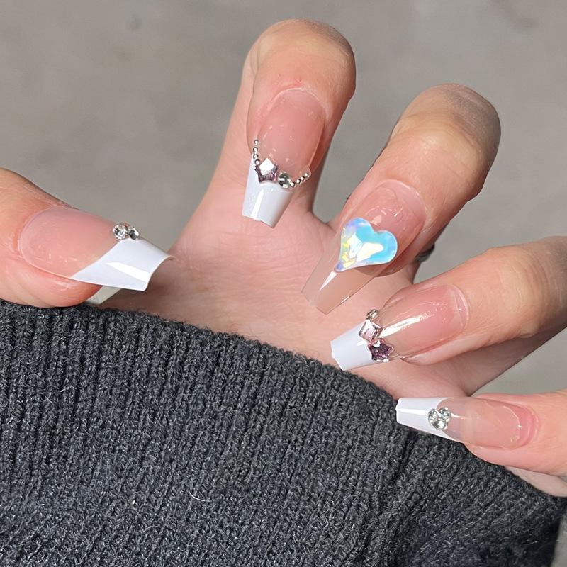 

2025 Hot Style Heart Diamond French Manicure Wearable Nail Tips - Handmade Spicy Girl Design Handmade Tips XS Size #10 pieces/bag