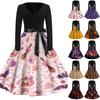 Damen Freizeitkleid mit langen Ärmeln und V-Ausschnitt, Vintage-Stil, mit Halloween-Kürbisdruck, Retro-Stil, Vollrockkleid mit Taillengürtel für saisonale Kleidung