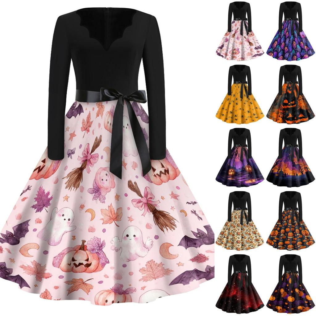 Damen Freizeitkleid mit langen Ärmeln und V-Ausschnitt, Vintage-Stil, mit Halloween-Kürbisdruck, Retro-Stil, Vollrockkleid mit Taillengürtel für saisonale Kleidung
