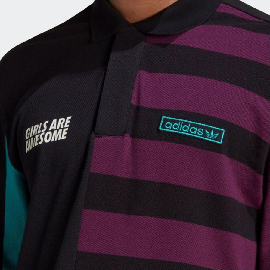 Adidas Originals Color Block Letter Print Striped Long Sleeve Polo Shirt Men Polo Shirts Black GU6981