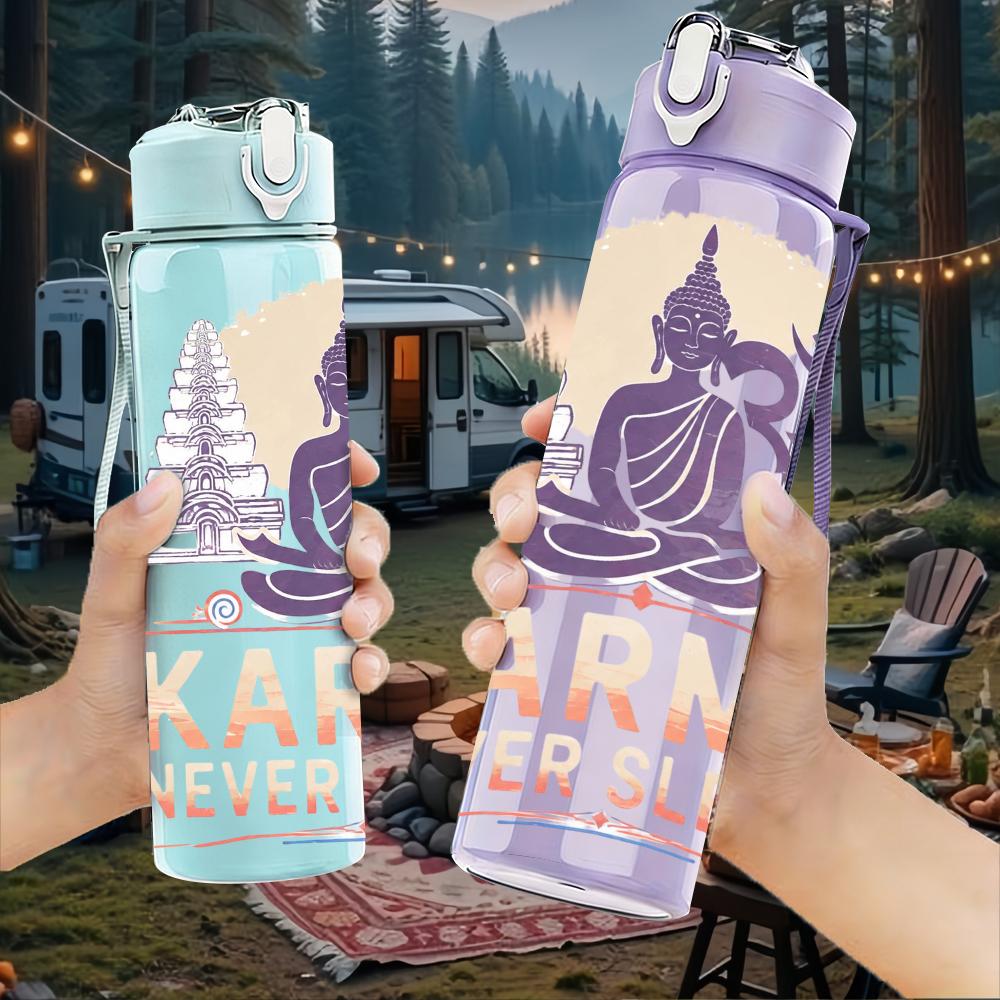 1PC Karma Buddha Om Symbol Graphic,750ml Color Plastic Sports Water Bottle,Leakproof Flip Straw Lid,Suitable for Sports Office Home Use