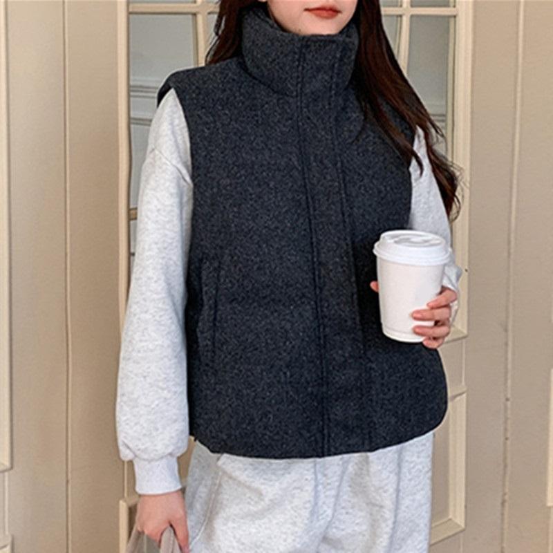 Short Down Cotton Vest Women Autumn Winter New Korean Fashion Sleeveless Stand Collar Zipper Vest Jacket Black Gray Waistcoat