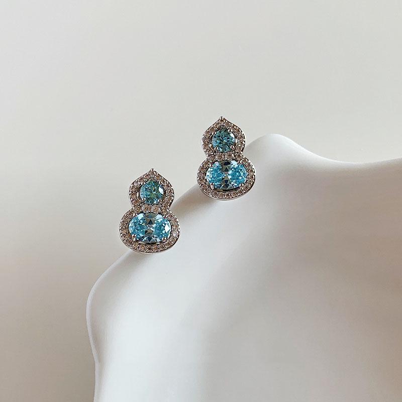 Ice Blue Cubic Zirconia Gourd Stud Earrings - Exquisite, Shiny, Niche Light Luxury Design