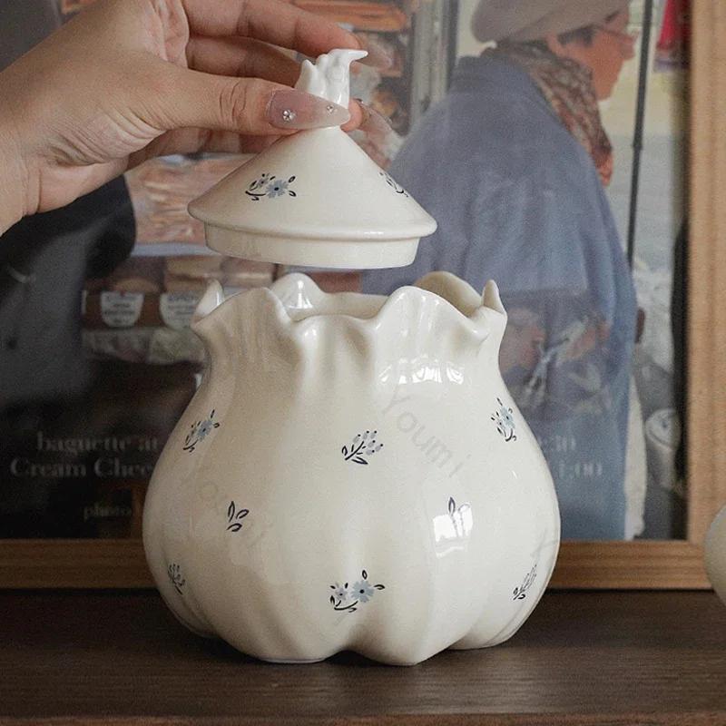 Exquisite Flowers Ceramic Jar Household Kitchen Desktop Storage Jar Decoration High End Restaurant Dining Table Vases Decoration