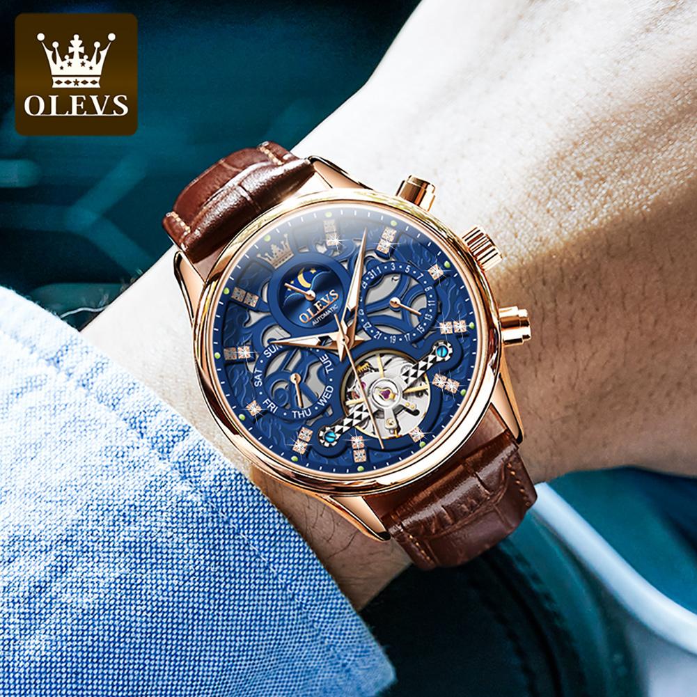 OLEVS 6658 Original Brand Automatic Watch for Men Hollow Out Noctiucent Skeleton Top Luxury Fashion Moon Phase Men's Wristwatch