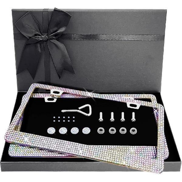 Bling Rhinestone License Plate Frame for Women 2PC, Sparkly Stainless Steel Frames & Over 1200 pcs Finest 14 Facets Black Glass Crystals Premium