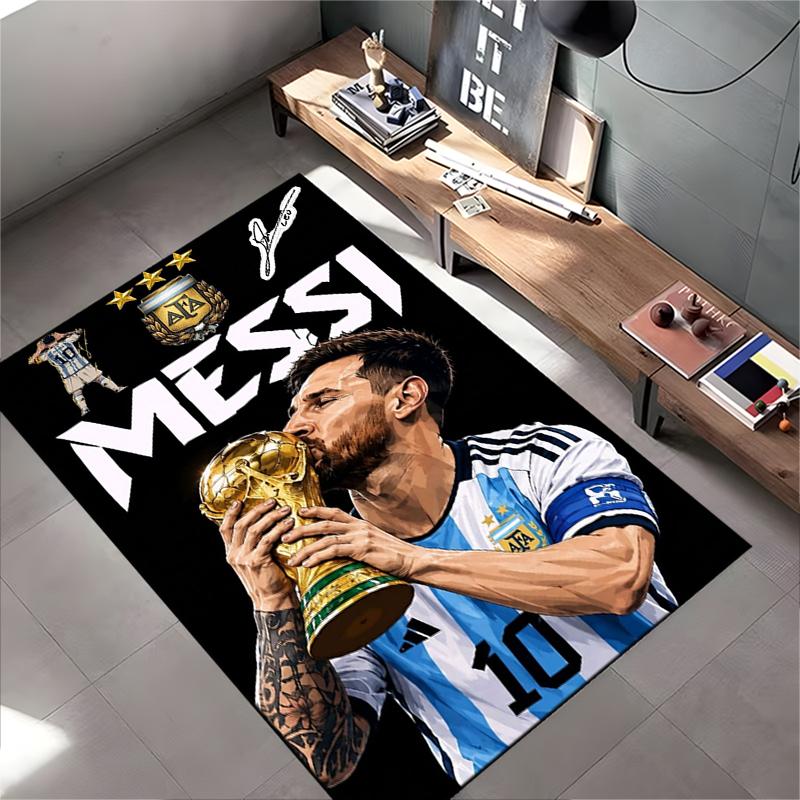 Sports Area Rug, Lionel Messi Argentina Number 10 Kiss World Cup Trophy Black Background AFA Crest Print, Fan Decor, Non-Slip Mat
