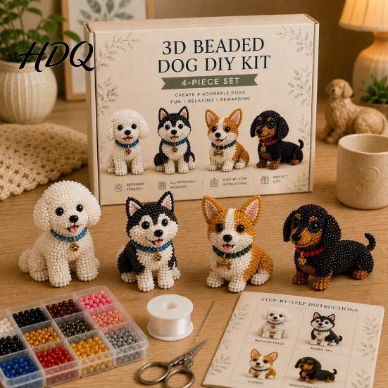 Mini Dog Collectible Set Tiny 3D Beaded Animal DIY Kit with Instructions Easy Beading Office Decoration Crafts 4 Cute Designs Themed Beadwork