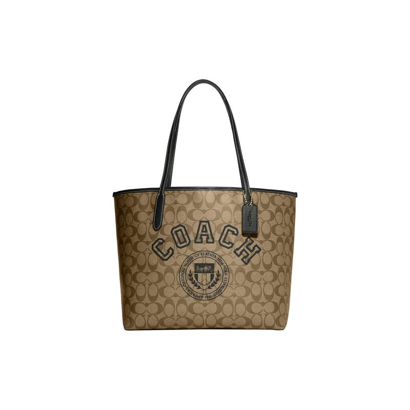 

COACH shoulder bag City 33 classic presbyopia all over printed iconic logo embossed pendant buckle closure, artificial leather, Tote bag, shopping коричневий