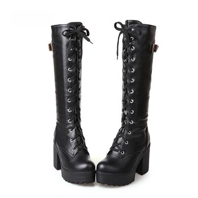 Stivali Al Ginocchio Stringati Primavera Autunno Moda Donna Bianco Tacco Quadrato Scarpe in Pelle da Donna Inverno PU Taglia Grande 43