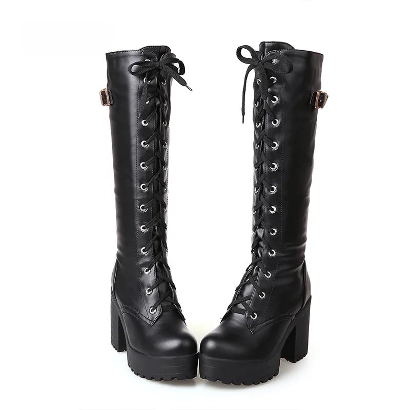 Lace Up Knee High Boots Women's Fashion White Round Toe Square Heel Knight Boots Winter Platform PU Women Shoes Large Size 42 43
