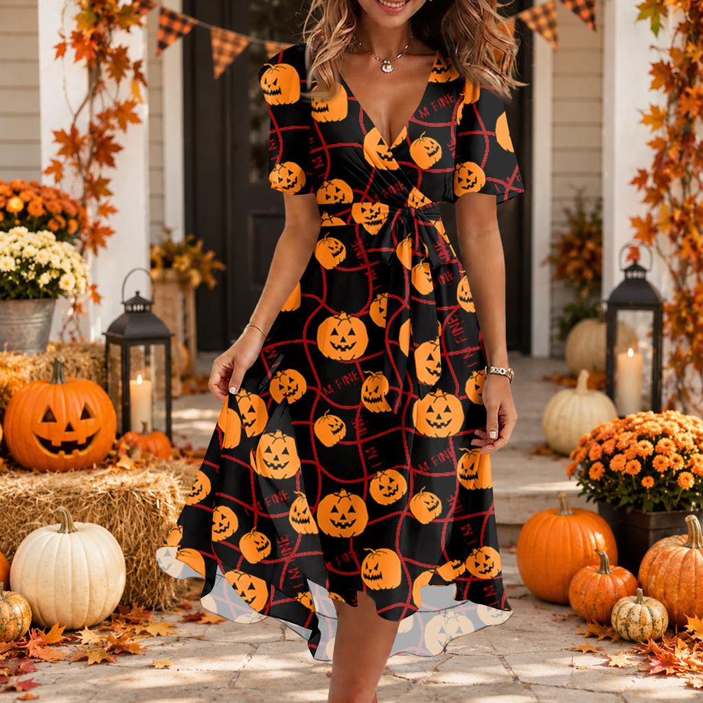 Women Casual V Neck Short Sleeve Halloween Print Dress Midi Length Relaxed Fit Lightweight Fabric Summer Dress