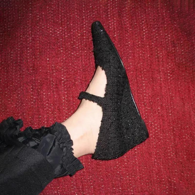 Sheepskin version~ pointed wedge heel woolen single shoes women's spring versatile light mouth high heel with Mary Jane women's shoes