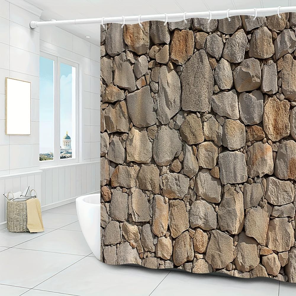 Stone Brick Wall Shower Curtain, Pastoral Farmhouse Design, Brown Gray Marble Rock Print, Machine Washable