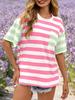 Womens Striped Color Block T Shirt Oversized Short Sleeve Loose Summer Top