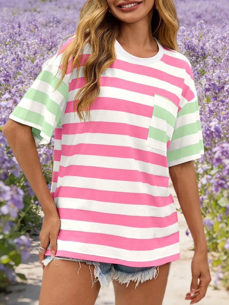 Womens Striped Color Block T Shirt Oversized Short Sleeve Loose Summer Top
