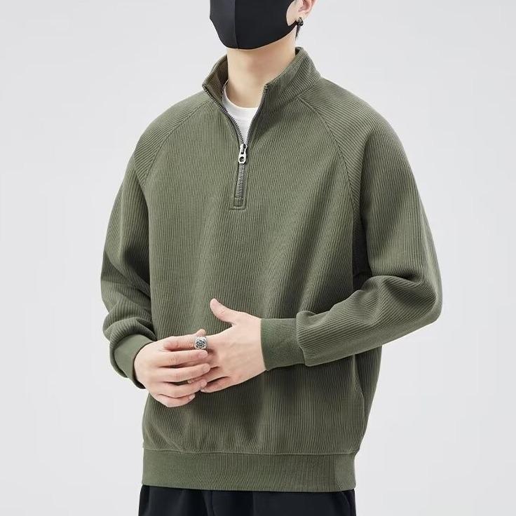 Textured semi-zipper stand-up neck sweater men's outdoor casual autumn and winter warm solid color loose men's top