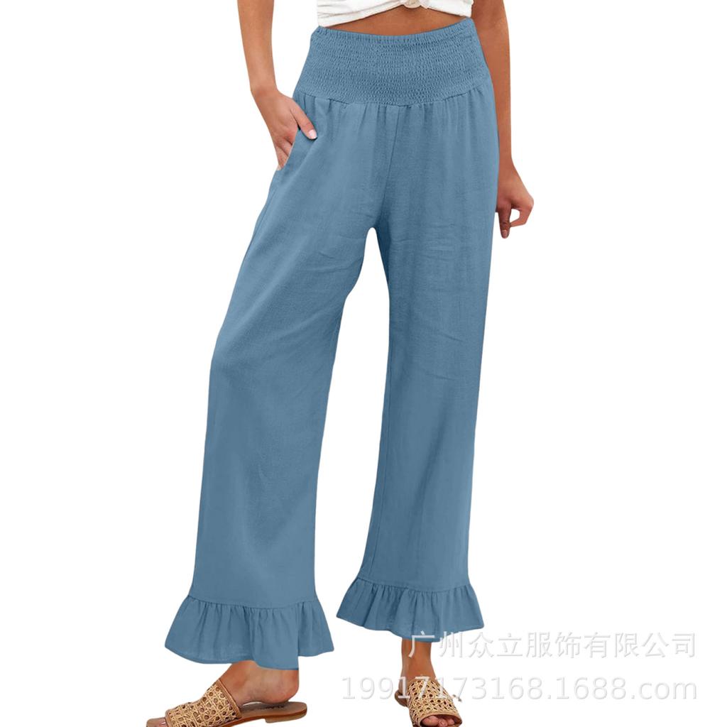 Pantaloni Casual da Donna in Misto Cotone e Lino, Vestibilità Larga con Orlo Arricciato, per le Vacanze Estive