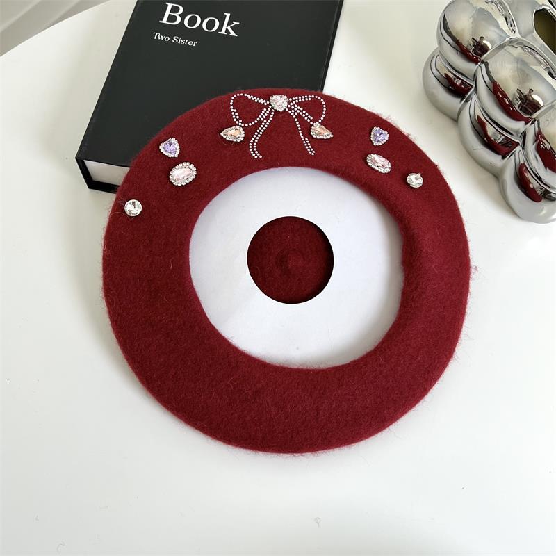 Sweet Girl Bow Beret Korean Style Big Head Woolen Hat Painter Hat Rhinestone Western-Style Fashion Octagonal Hat