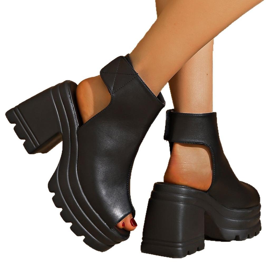 Summer thick heel muffin open-toed Roman sandals women's new large size Velcro high-heeled sandals