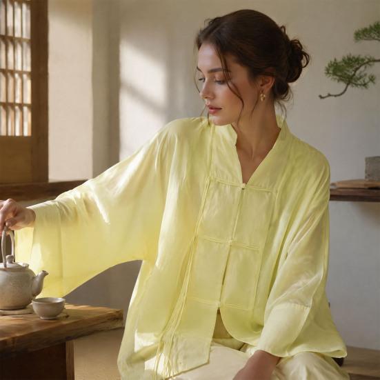 Handgemachtes Knopflochhemd Damen Hemd mit Stehkragen, Chinesische Frosch-Bluse für Frühsommer Freizeit-Outfit Herbst, Lockeres einfarbiges Langarm-Oberteil Frühjahrs-Kleidung