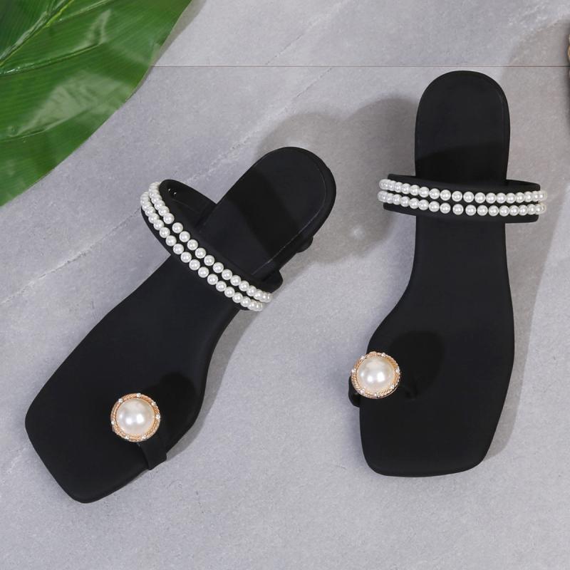 Fashion Luxury Pearl Strap Clip Toe Slippers Square Toe High Heels Slippers Women 2025 Summer Sexy Party Dress Sandals Plus Size 42