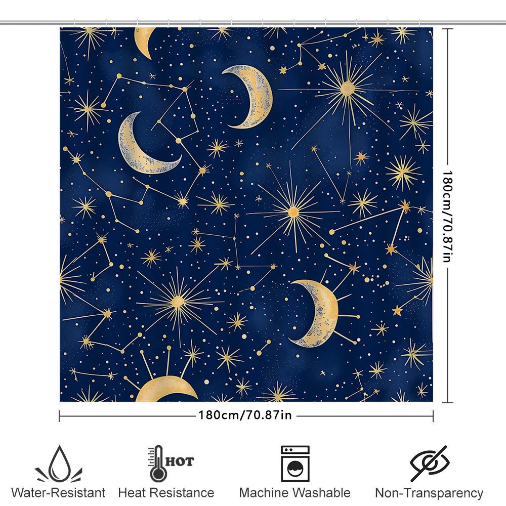 Blue Constellation Shower Curtain Set For Bathroom Decor Moon Stars Pattern, Water-Resistant Fabric Shower Curtains With Rings (