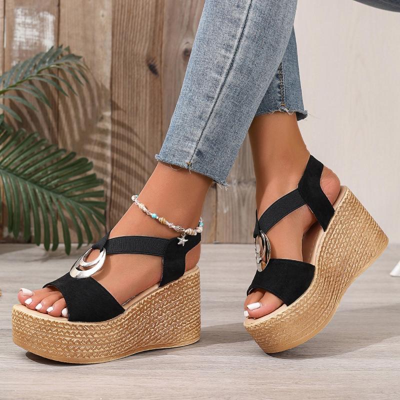 Fashion Bohemia Metaldecoration Slip On Sandals Women 2025 Summer Chunky Platform Super High Wedge Heel Sandals Back Strap Beach Shoes
