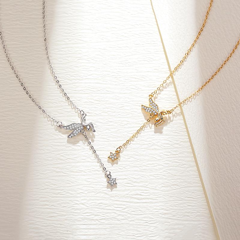 ANENJERY Flügel Mädchen Halskette für Frauen Lange Quaste Stern Schlüsselbein Kette Halsketten Party Schmuck