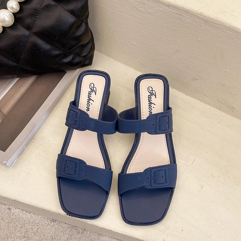 

2025 модные новые тапочки женские летние модные тапочки на толстом каблуке корейская версия темпераментные девушки на высоком каблуке крутые тапочки верхняя одежда 40 синий