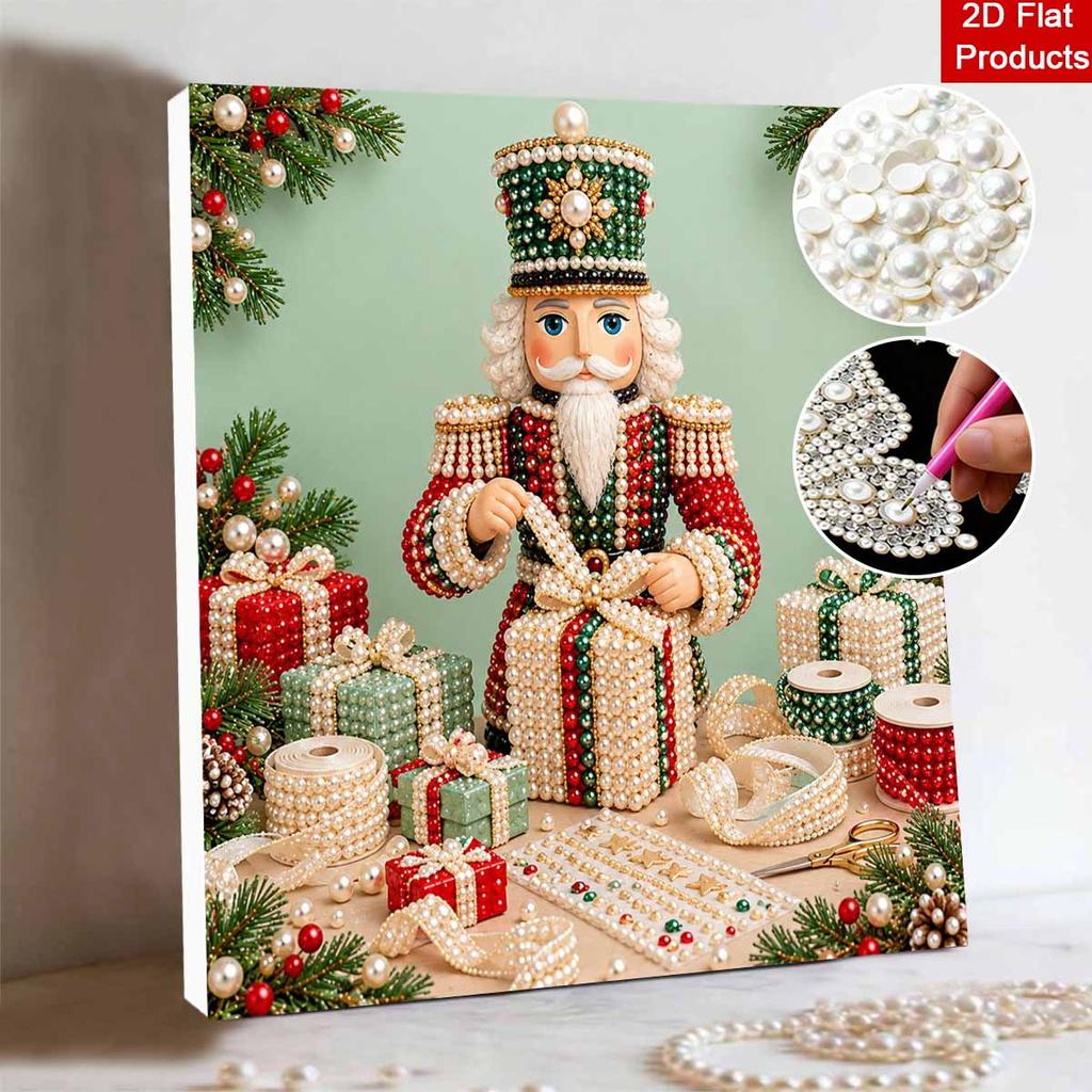 Framed Pearl Art DIY Kit with Christmas Nutcracker Pattern 3D Sparkling Bead Canvas Painting Handmade Holiday Gift for Home Decoration