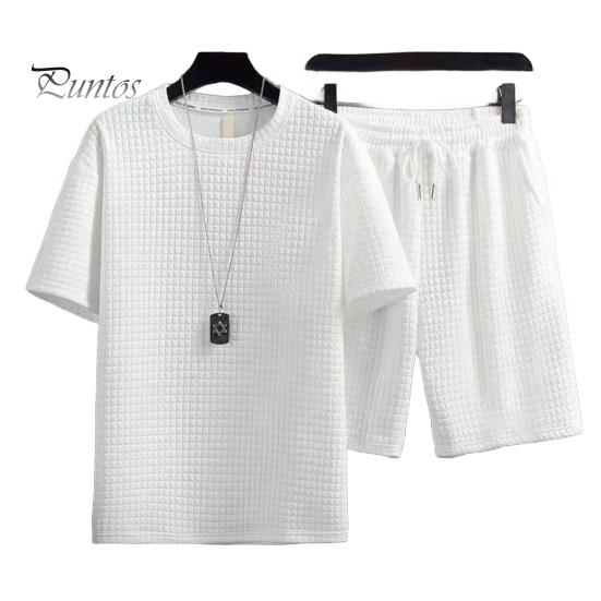 

2 шт./компл. мужской наряд из вафельной ткани, однотонный спортивный костюм с круглым вырезом и коротким рукавом, шорты на шнурке, комплект повседневной спортивной одежды M белый